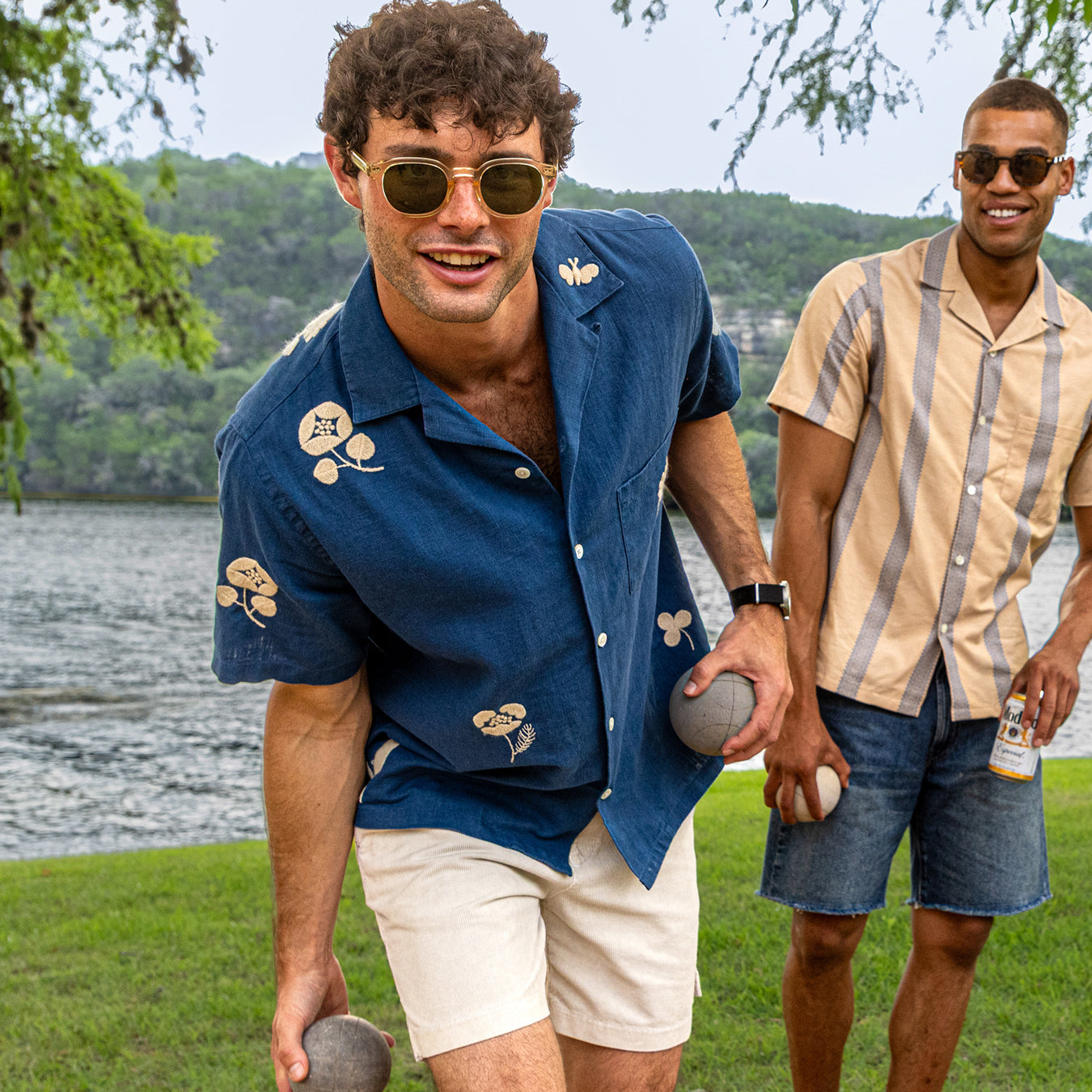 Embroidered Ramie Camp Shirt - Blue - Portuguese Flannel - STAG Provisions - Tops - S/S Woven - Floral