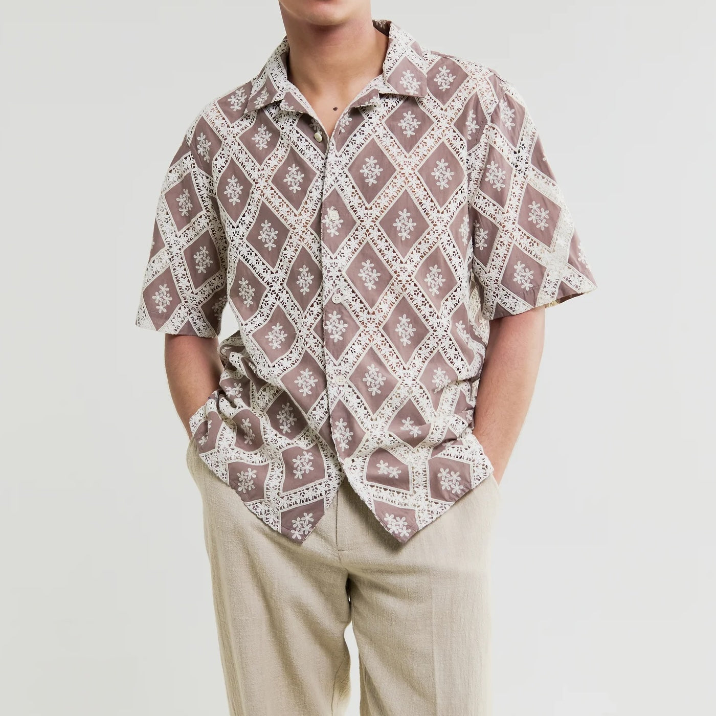 Diamond Lace Didcot Shirt - Taupe/Ecru - Wax London - STAG Provisions - Tops - S/S Woven - Floral