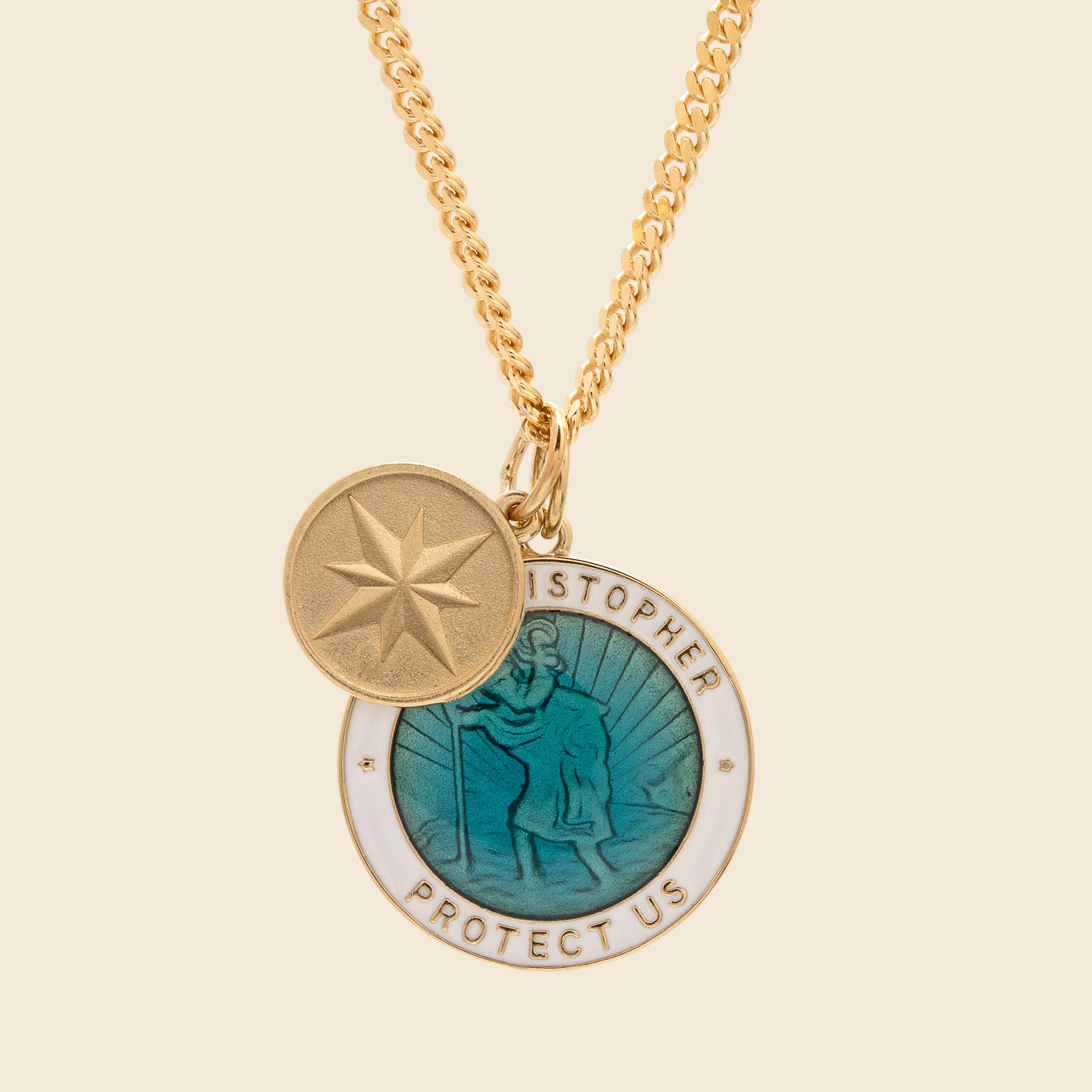 Saint Christopher Surf Necklace - Caribbean Blue & White Enamel/Gold Vermeil